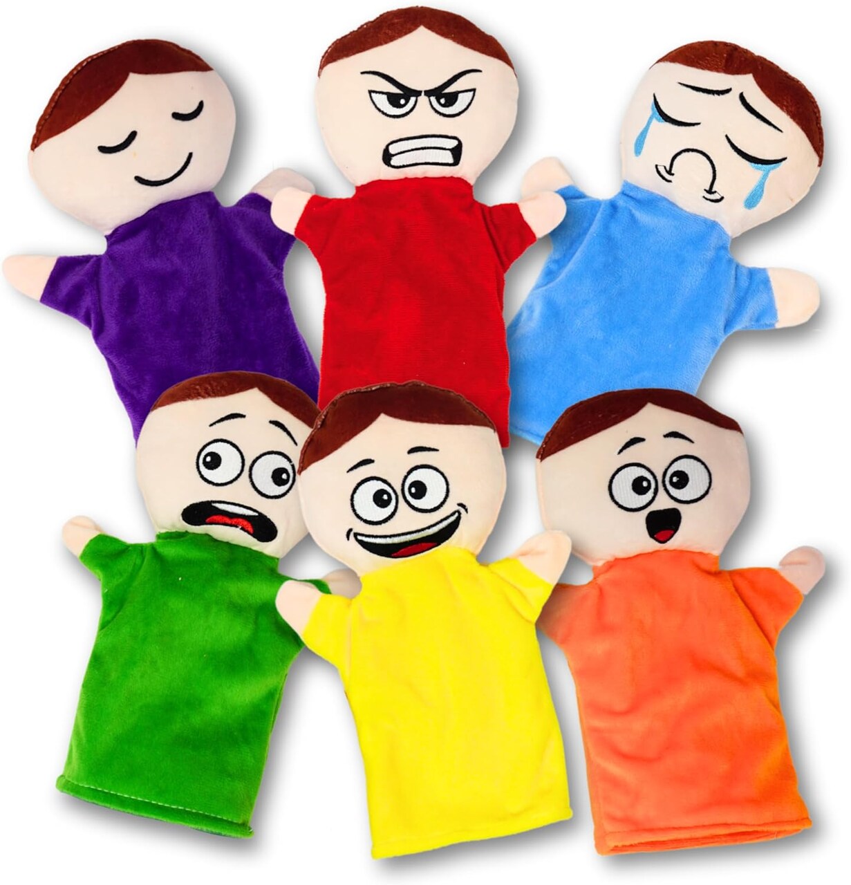 4E's Novelty 6 Pack Emotion Hand Puppets for Kids – Soft Plush 6 Emotions Hand Puppets for Toddlers 3-8